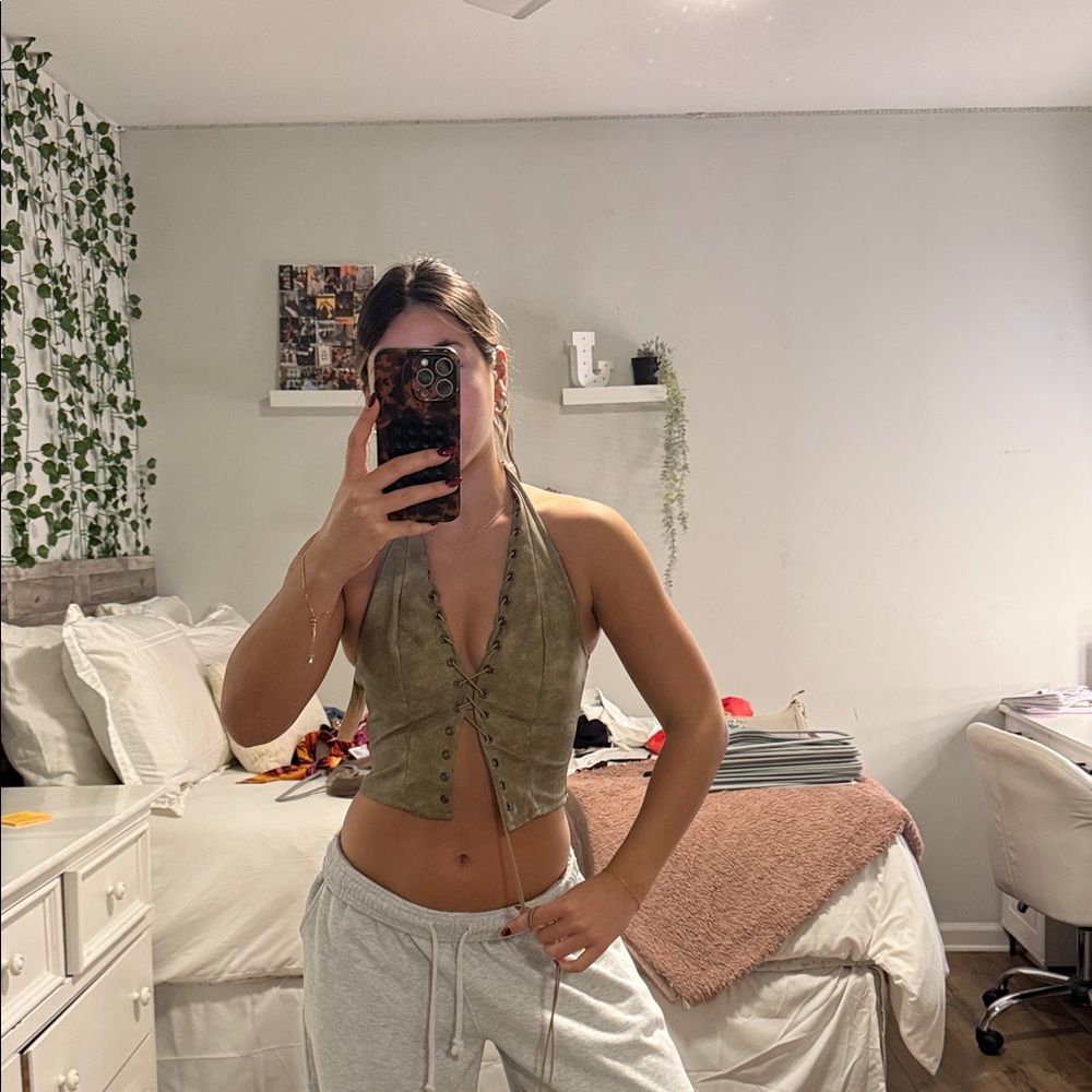 Olive Green Lace-Up Halter Top